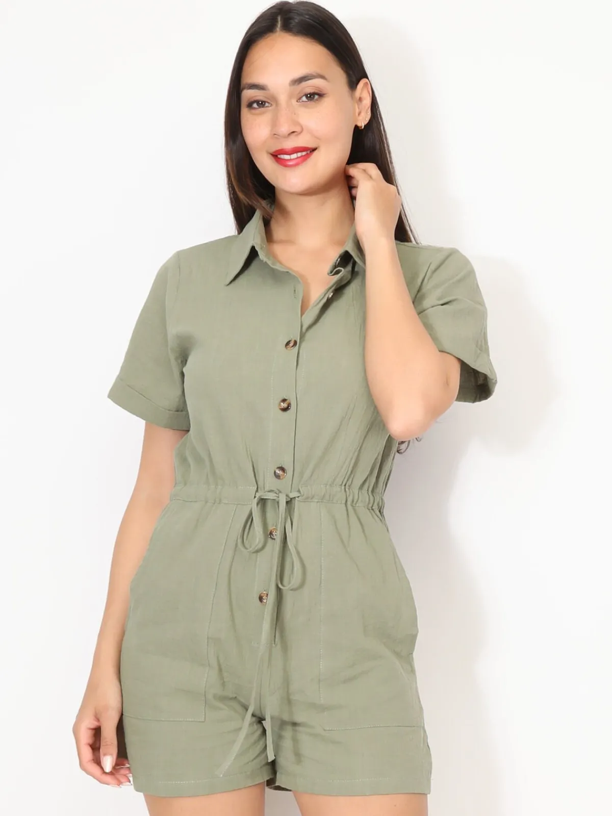 New La Modeuse Combi-short ceinturée en coton Kaki