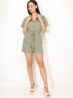 New La Modeuse Combi-short ceinturée en coton Kaki