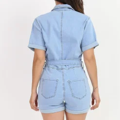 Hot La Modeuse Combi-short en jeans style utilitaire BleuClair