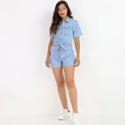 Hot La Modeuse Combi-short en jeans style utilitaire BleuClair