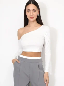 Best La Modeuse Crop top à manches asymétriques Blanc