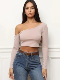 Outlet La Modeuse Crop top à manches asymétriques Beige
