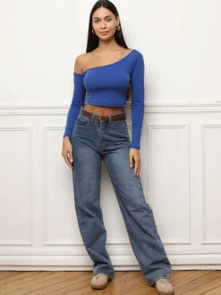 Hot La Modeuse Crop top à manches asymétriques Bleu