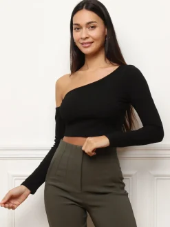 Clearance La Modeuse Crop top à manches asymétriques Noir