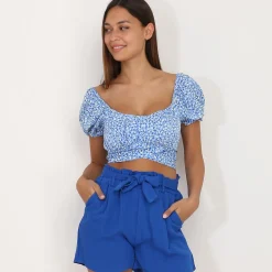 Hot La Modeuse Crop top à nouer avec motif tacheté BleuClair