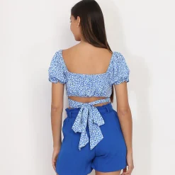 Hot La Modeuse Crop top à nouer avec motif tacheté BleuClair