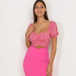 Discount La Modeuse Crop top à nouer avec motif tacheté Fuchsia