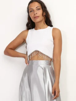 Hot La Modeuse Crop top avec franges à strass Blanc