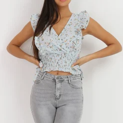 La Modeuse Crop top cache coeur fleuri BleuClair