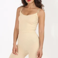 Best La Modeuse Crop top côtelé à double bretelles Beige