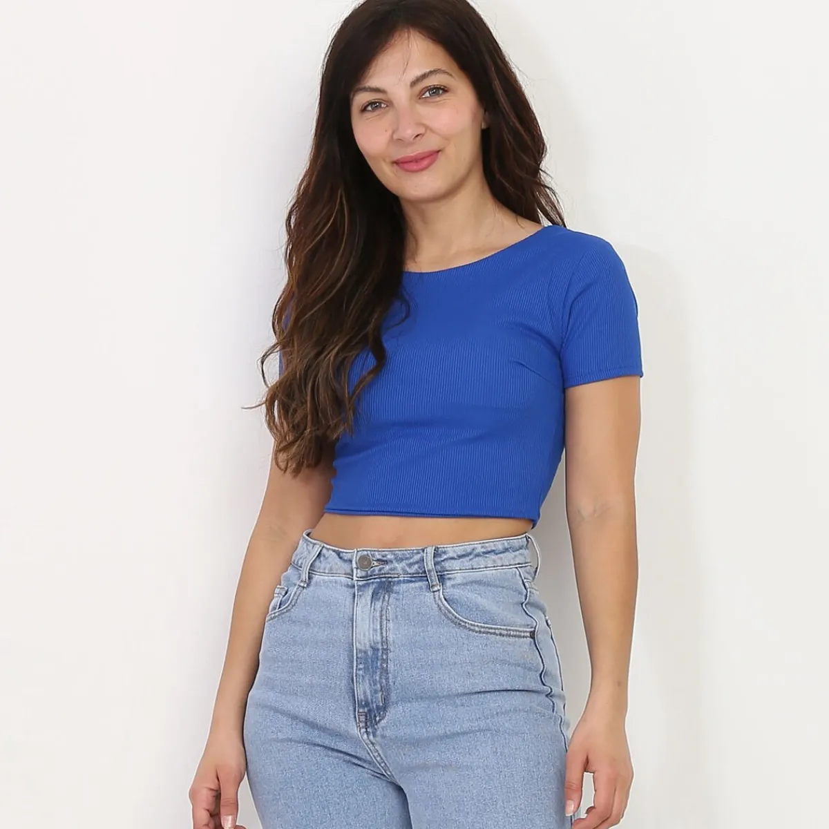 Discount La Modeuse Crop top dos nu à lanières croisées Bleu