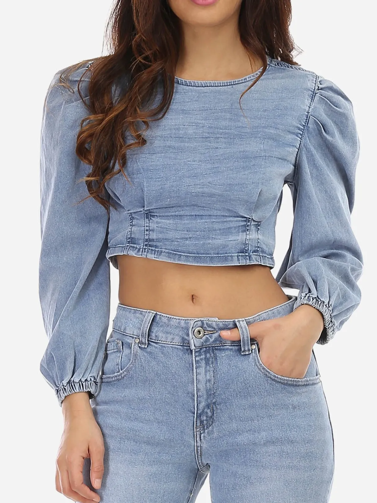 Outlet La Modeuse Crop top en jeans à manches gigot Bleu