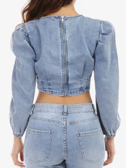 Outlet La Modeuse Crop top en jeans à manches gigot Bleu
