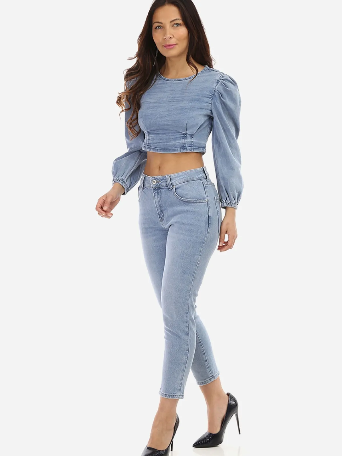 Outlet La Modeuse Crop top en jeans à manches gigot Bleu