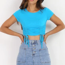 Sale La Modeuse Crop top froncé style corset Bleu