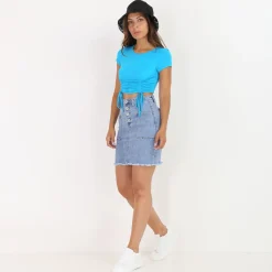 Sale La Modeuse Crop top froncé style corset Bleu