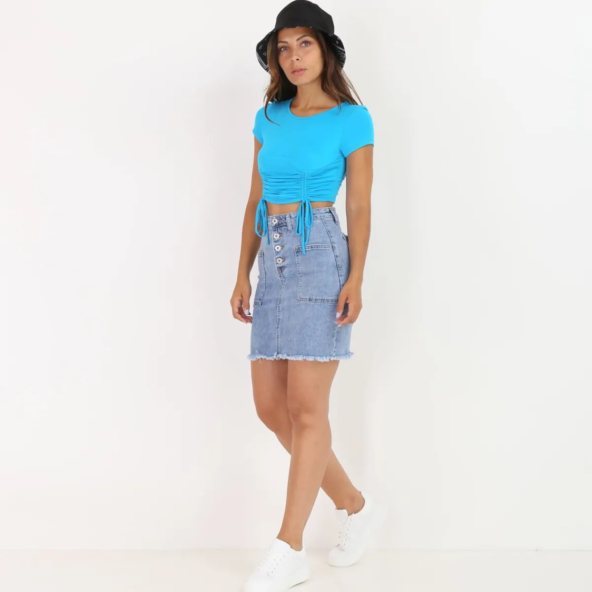 Sale La Modeuse Crop top froncé style corset Bleu