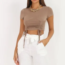 Online La Modeuse Crop top froncé style corset Taupe