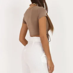 Online La Modeuse Crop top froncé style corset Taupe