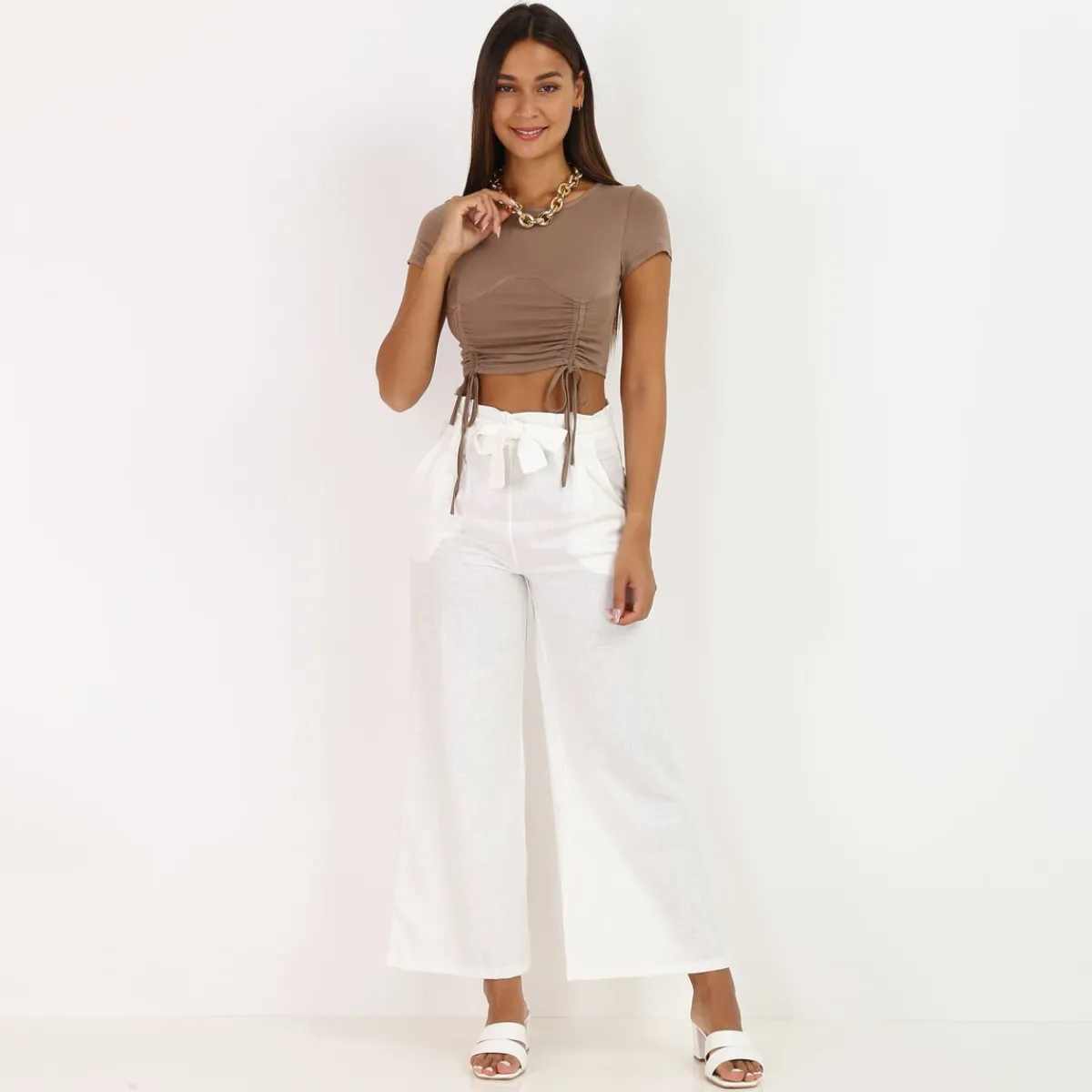 Online La Modeuse Crop top froncé style corset Taupe