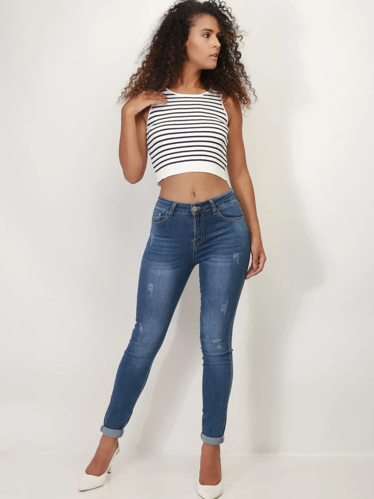 Clearance La Modeuse Crop top marinière Blanc