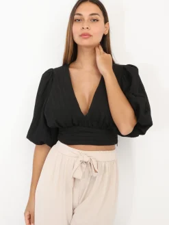 Clearance La Modeuse Crop Top plissé à manches ballons Noir