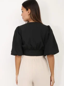 Clearance La Modeuse Crop Top plissé à manches ballons Noir