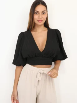 Clearance La Modeuse Crop Top plissé à manches ballons Noir