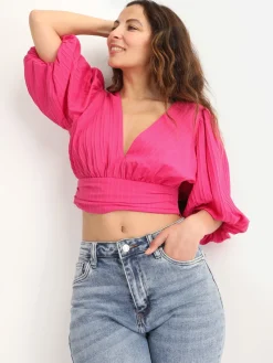 Sale La Modeuse Crop Top plissé à manches ballons Fuchsia