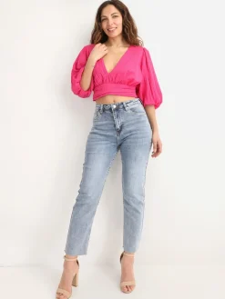 Sale La Modeuse Crop Top plissé à manches ballons Fuchsia