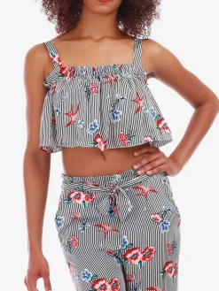 Discount La Modeuse Crop top rayé à volants et fleurs Noir