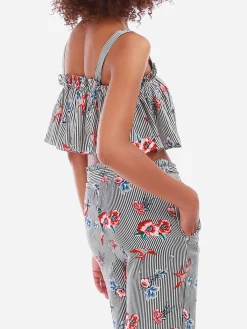 Discount La Modeuse Crop top rayé à volants et fleurs Noir