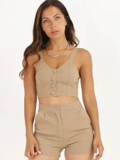 Online La Modeuse Crop top texturé style chambray Camel