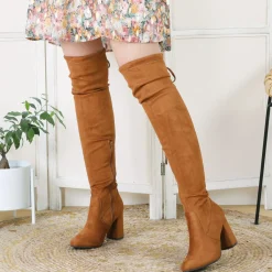 Outlet La Modeuse Cuissardes en suédine à talon carré Camel