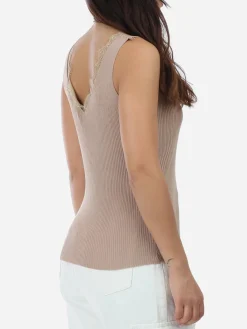 La Modeuse Débardeur côtelé à dentelle Camel
