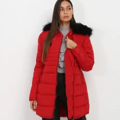 Best La Modeuse Doudoune à capuche fausse fourrure Rouge