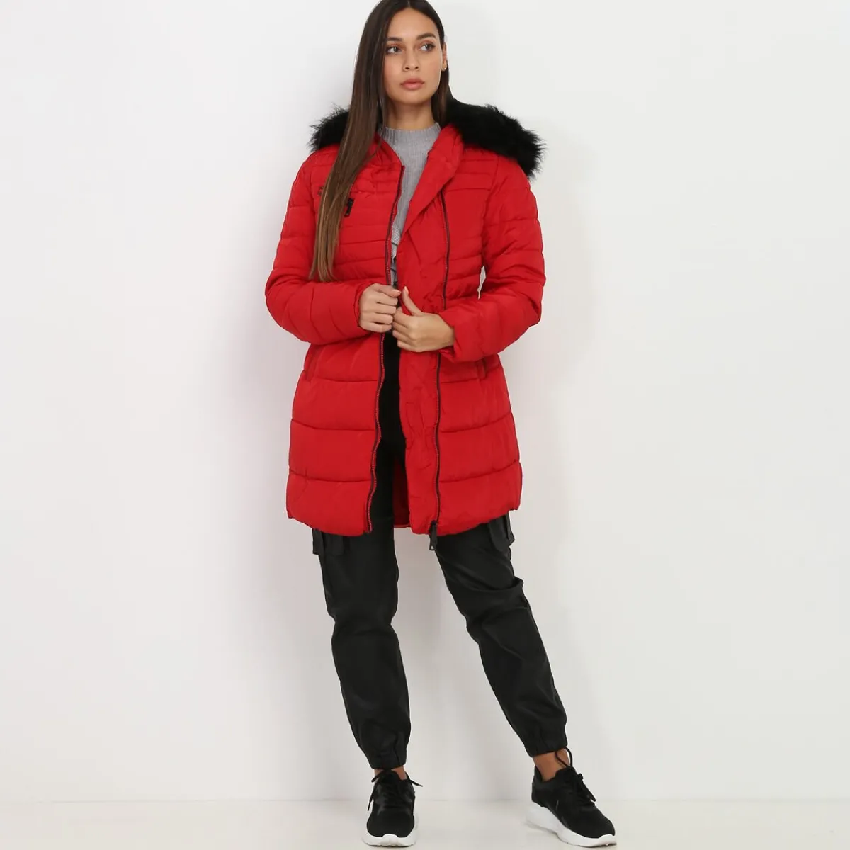 Best La Modeuse Doudoune à capuche fausse fourrure Rouge