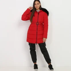 Best La Modeuse Doudoune à capuche fausse fourrure Rouge