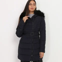 Online La Modeuse Doudoune à capuche fausse fourrure BleuMarine