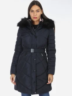 Best La Modeuse Doudoune ceinturée à capuche fausse fourrure BleuMarine