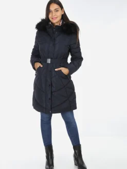 Best La Modeuse Doudoune ceinturée à capuche fausse fourrure BleuMarine
