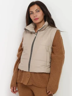 Sale La Modeuse Doudoune courte simili sans manches Beige