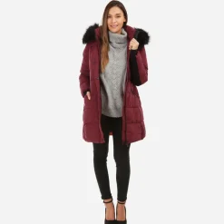 Outlet La Modeuse Doudoune longue avec fausse fourrure Bordeaux