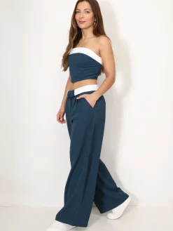 Discount La Modeuse Ensemble bustier et pantalon à revers BleuCanard