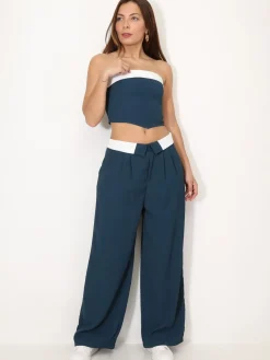Discount La Modeuse Ensemble bustier et pantalon à revers BleuCanard