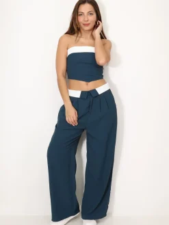 Discount La Modeuse Ensemble bustier et pantalon à revers BleuCanard