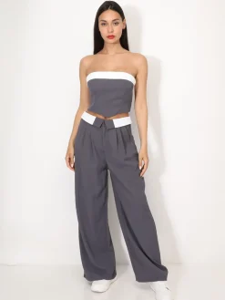 Clearance La Modeuse Ensemble bustier et pantalon à revers Gris