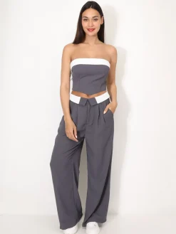 Clearance La Modeuse Ensemble bustier et pantalon à revers Gris