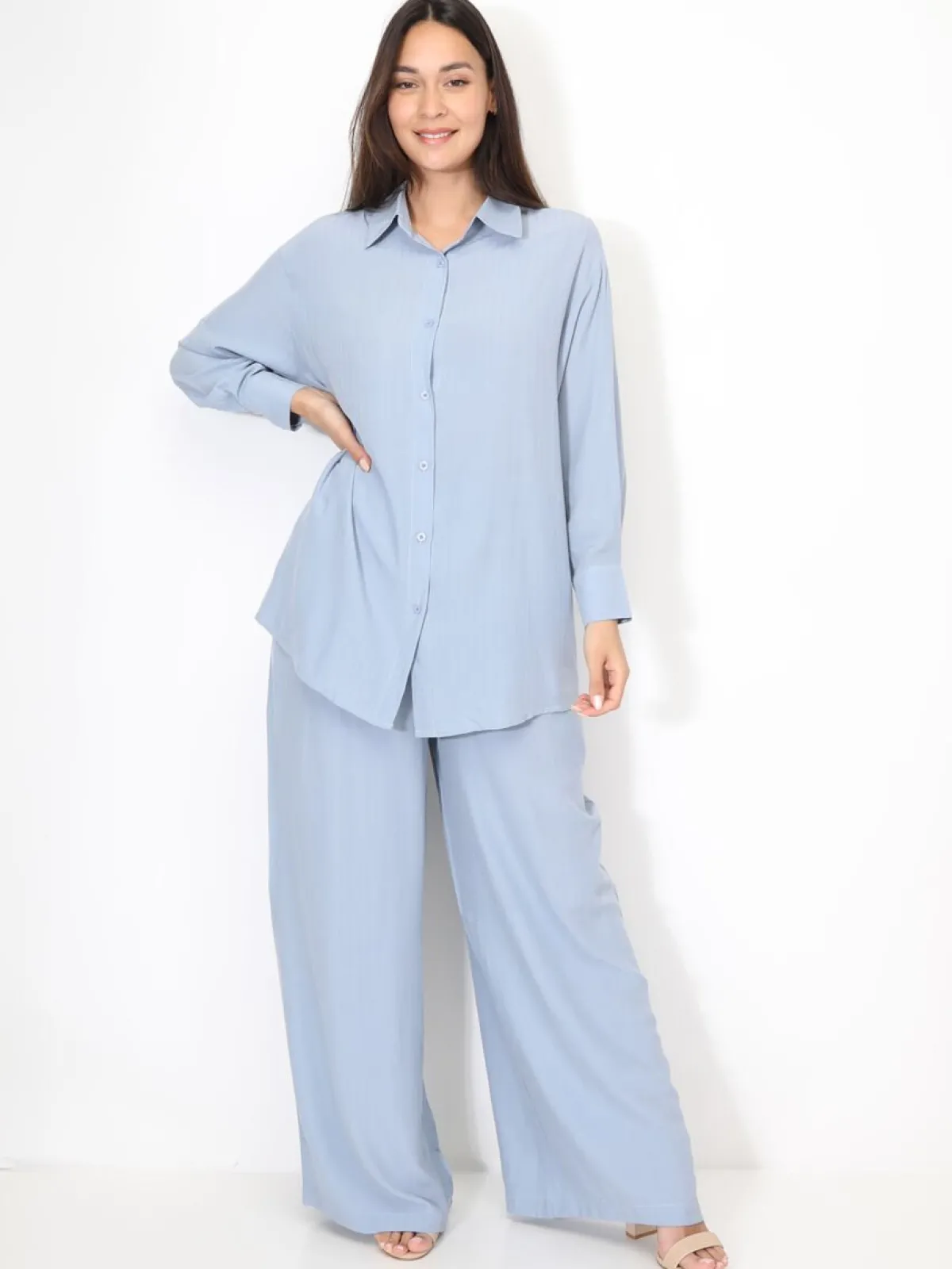 New La Modeuse Ensemble chemise et pantalon à rayures BleuClair