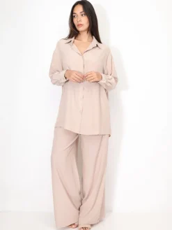 Sale La Modeuse Ensemble chemise et pantalon à rayures Taupe